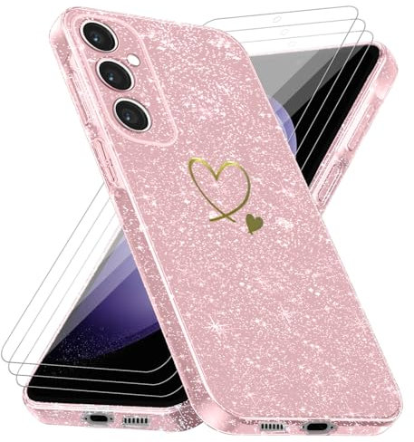 Handyhülle für Samsung Galaxy S23 FE 5G (Nicht für S23) mit 3 Stücke Schutzfolie, Weich TPU Anti-Fingerabdruck Hülle, Glitzer und Absturzsicherung Schutzhülle (Rosa)