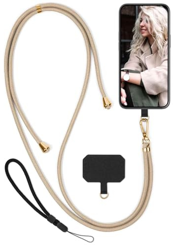 moex Unleash für HMD Skyline Handyband zum Umhängen ohne Hülle, Handykette Universal mit Karabiner, Handy Band abnehmbar, Kette mit Pad für Handyhülle, Beige, Gold