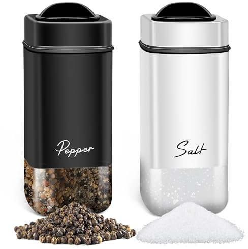 Salt and Pepper Shakers Stainless Steel - Glass Bottom Salt Shaker with Adjustable Holes, Cooking Dining Pepper Shaker with Lid, Refillable Small Salt and Pepper Pots for Kitchen BBQ - Black White