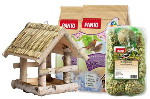 PANTO Nährstoffpaket Wildvogelfutter inkl. Vogelhaus, energiereiches Vogelfutter mit 2X Wildvogel-Power-Mix & 3 x Futterstangen, ganzjährig - für Körner- & Weichfresser