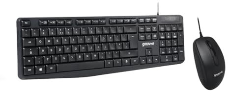 Groov-e Wired Full-Size Keyboard and Mouse Combo - Computer Accessories for Laptops and PCs, Ergonomic Design, Silent Keys, USB Connection, Compact Mouse, Qwerty Keyboard - Black
