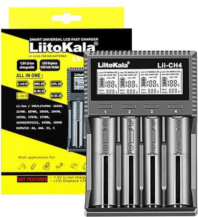 MXJFYY Chargeur Rapide de Batterie Liitokala LII-CH4 à 4 Baies pour Batterie Li-ION 1,5/3,7 V/3,85 V et Batteries LiFePO4 3,20 V et NiMH/NiCd 1,2 V,10440,14500,16340 (RC123),17500,17670,AA,AAA,SC,C