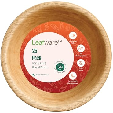 Leafware™ 25-Pack 5-Inch Areca Palm Leaf Bowls – Compostable, Leak-Proof, Eco-Friendly Disposable Bowls for Party, Catering, Soup & Salad