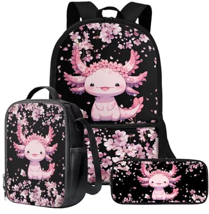 Wnbucioht Axolotl School Backpack for GirlsTeens 17 Inch Kids Schoolbags Set with Insulated Lunchbox Pencil Case 3 Pack Kawai Axolotl Bookbag Children Large Capacity Rucksack with Side Pocket