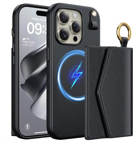 TAURI for iPhone 15 Pro Case, Removable Magnetic Wallet Case with Card Holder, [Compatible with MagSafe] Durable PU Leather Phone Case with Wireless Charging, Black