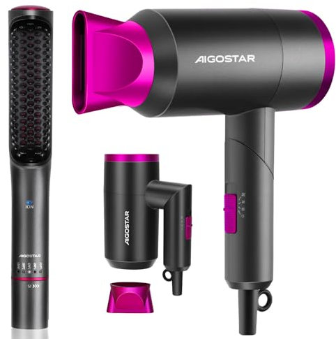 Aigostar Secador de Pelo y Cepillo Alisador Profesional, Kit 2 en 1 - Secador 1800W con Iones Negativos + Cepillo Alisador Anti-Frizz, Cabello Liso y Brillante, Color Gris y Rosa