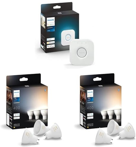 Philips Hue Pack de Démarrage – GU10 – avec 6 spots – Lumière blanc chaud à froid – Incl. 1 Hue Bridge – Hue White Ambiance fonctionne avec Alexa, Google Assistant et Apple HomeKit