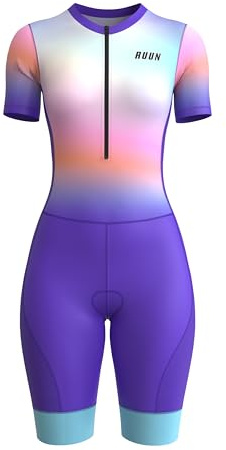 RUUN Damen Radtrianzug Halbarm mit Taschen Mesh Triathlon Gepolsterter Anzug mit Hi Viz Reflection Skinsuit Power Band und Beingreifern