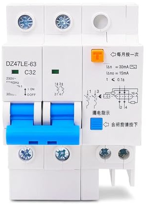 Disjoncteur différentiel bipolaire DZ47LE-2P – Protection contre les surcharges et courts-circuits, 1 pièce(32A)