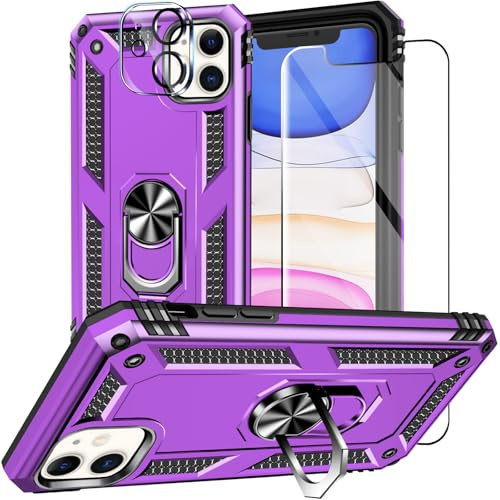 Jihucase for iPhone 11 Case with Screen Protector:[Military Grade Drop Tested] Ring Holder Kickstand Shockproof Anti-Slip Protective Phone Case for iPhone 11 6.1- Purple