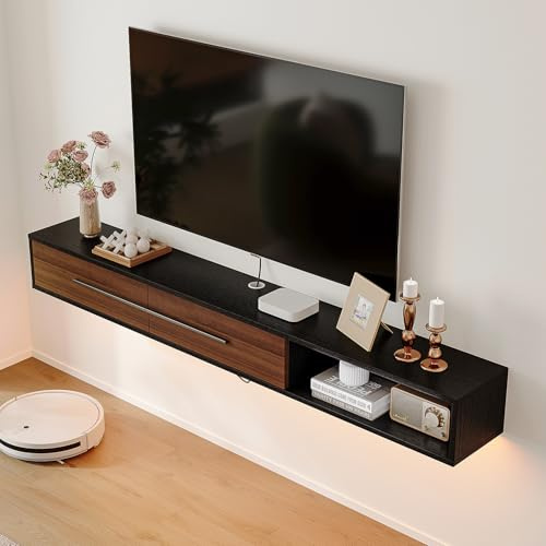 FloatiCasa Floating TV Stand,140cm Wall Mounted Media Console with 2 Doors & Open Shelf,Plywood Entertainment Centre for Living Room & Bedroom,Drywall Toggle Bolts Included,Walnut & Black