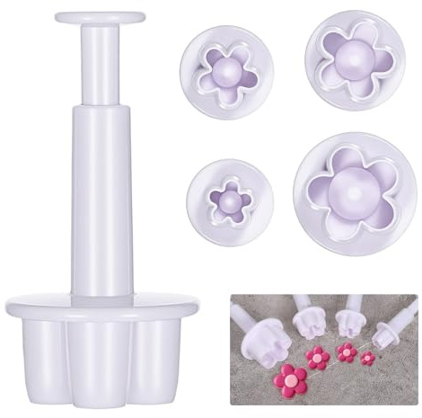4Pcs Flower Fondant Cutter, Flower Shape Cutter White Flowers Plunger Cookie Cutters Press Mold Plastic Baking Accessories for Cookies Desserts Chocolate Candy and Clay Sculpting
