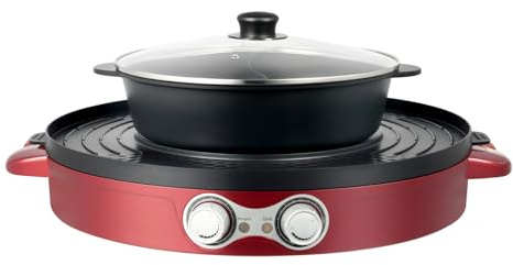 2-in-1 Elektrischer Hotpot & Grill, 2200 W Leistungsstarker Fondue-Topf mit Antihaftbeschichtung, Unabhängige Stufenlose Temperaturregelung, Großes Fassungsvermögen (Rot)