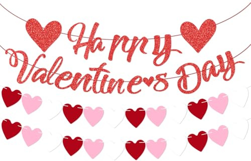 Herz Girlande Rot Rosa Herzen Valentinstag Dekoration Girlanden Glitzer DIY Herzgirlande Hängedeko für Valentinstag Papierbanner Heiratsantrag Antrag Romantisch Deko