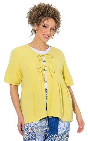 Ulla Popken Damen große Größen Übergrößen Plus Size Musselin-Bluse, Schleifenverschluss, V-Ausschnitt, Halbarm zitronengelb 46+ 848464601-46+