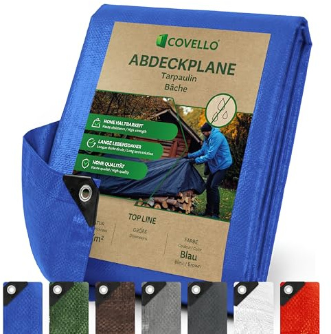 Covello Abdeckplane 2x2m, 260g/m² Plane Wasserdicht Gewebeplane Blau | Plane mit Ösen, Schutzplane, Reißfeste und UV-stabilisiert, Universal Tarpaulin Ideal für Gartenmöbel, Pool, Auto, Holz, Boot