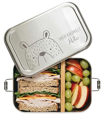 wunderwunsch Brotdose personalisiert mit Namen, Edelstahl Lunchbox | Kindergarten Brotzeitbox für Kinder mit Fächern, Metallbrotdose BPA frei, gravierte Kinder Holz Lunch-Box, Mädchen oder Junge