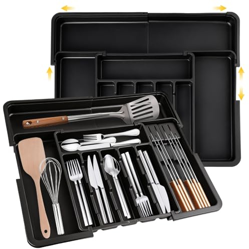 YYSWSAKY 2er Set Besteckkasten für Schubladen 47 tief - Erweiterbarer Besteckschublade Einsatz mit 4 Abnehmbaren Messerblöcken, Organizer Küche Besteck in groß ausziehbar bis 56x48 cm, Küchenzubehör