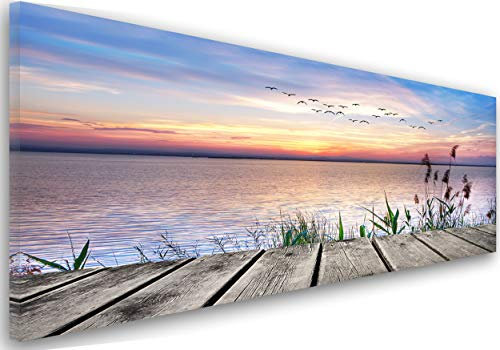 Feeby Frames, Leinwandbild, Bilder, Wand Bild, Wandbilder, Kunstdruck 60x150cm, STEG, VÖGEL, WASSER, GRAS, BLAU, VIOLETT
