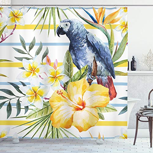ABAKUHAUS Bunt Duschvorhang, Tropic Exotic Papageien, Stoffliches Gewebe Badezimmerdekorationsset mit Haken, 175 x 200 cm, Gelb Grün