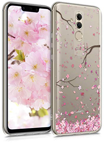 kwmobile Custodia Compatibile con Huawei Mate 20 Lite - Cover Silicone TPU - Protezione Back Case - Pioggia di petali rosa/marrone scuro/trasparente