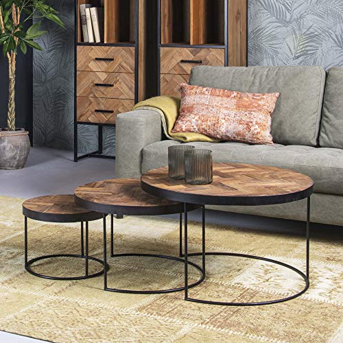 Brix 3er Set Couchtisch Accent Teakholz Metall Sofatisch Tischset Anstelltisch