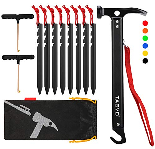 TAGVO Camping Hammer with 8 PCS Aluminum Alloy Tent Pegs and 2 PCS Multifuctional Tent Stakes Puller Set with Storage Bag, Multifunction Aluminum Tent hammer Camping Mallet Portable for Camping