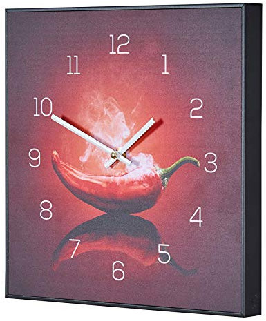 levandeo Wanduhr 30x30cm Uhr PVC Rahmen Schwarz Küche Chili Peperoni Wandbild Wanddeko Deko Küchenuhr