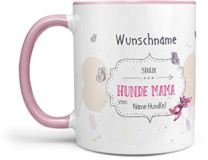 Sunnywall® Tasse Wunschname stolze Hundemama Kaffeebecher rosa individuell Lieblingstasse Geburtstags-Tasse personalisiert Geschenk-Tasse inkl. Geschenkkarte