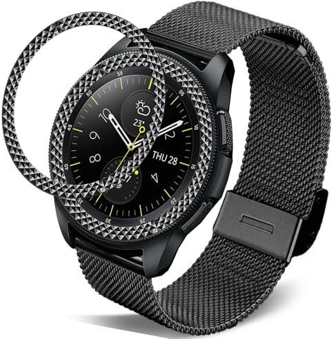 DEALELE Compatibile con Samsung Gear Sport/Galaxy Watch 42mm / Galaxy 4 Classic (42mm), Cinturino di Ricambio Maglie Metallo Acciaio Inossidabile da 20mm con Copertura Anello Lunetta, Nero