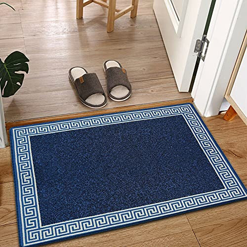 PHP Carpet Runners for Hallways Non-Slip Long & Wide Heavy-Duty Plain Super Absorbent Area Rugs, Stair Carpet and Kitchen Anti-slip Floor Mats - Greeky Rug (Blue & Cream, 40 x 60 cm - Small Doormat)