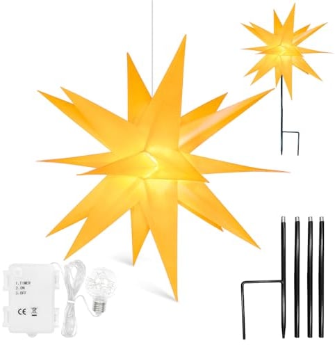 Qijieda 3D Weihnachtsstern Beleuchtet Außen Batterie mit Timer - 58cm led Weihnachtsstern für Fenster, Adventsstern Stern Zum Dekorieren von Innenhof, Balkon Und Garten