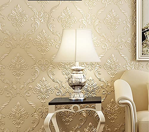 通用 20.87″Wx393.7″L Damask 3D Embossed Modern Minimalist Restaurant Bedroom Living Room TV Background Non-Woven Wallpaper 20.87″Wx393.10″L Non-Pasted (Beige)