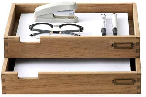 KIRIGEN Wooden Stackable Office Letter Organizer Desk Tray Pack of 2 - Wood Two Tier Tray for Desktop Organizeration with Metal Label Card Holder - Inbox Tray for Desk - Dark Brown