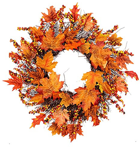 1PC Halloween Couronne d'automne Automne automne Maple Feuille de baies Guirlande Décorations de porte avant pour Thanksgiving Day Indoor Extérieur 45cm