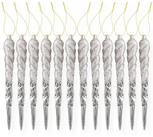 AKH® 13CM / 5 Christmas Hanging Icicles | Icicles Ornaments Bubbles | Pack of 12 | Glitter Baubles (Silver)