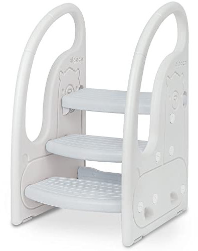 Onasti Step Stool for Kids, 3-Step Height Adjustable Toddler Step Stool, Plastic Learning Tower, Kitchen Helper, Toilet Steps with Handles and Non-Slip Pads, for Counter, Bathroom & Sink (Grey)