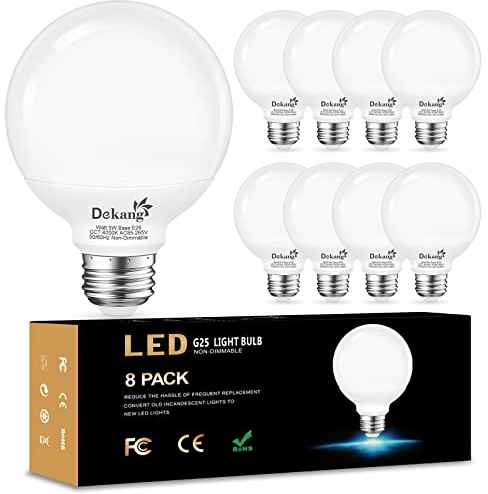 Dekang 8-Pack LED Vanity Light Bulbs for Bathroom 4000K Natural Daylight, E26 Base Globe 60W Incandescent Equivalent, 5W Round Light Bulbs for Vanity Mirror, 500LM, Non-dimmable