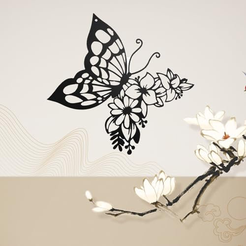 Curqia Metall Wandkunst Schmetterling Schwarz Wanddekoration Blume Wandbehang für Garten Terrasse Zaun Wohnzimmer Schlafzimmer Badezimmer Küche Balkon Haus Indoor Outdoor