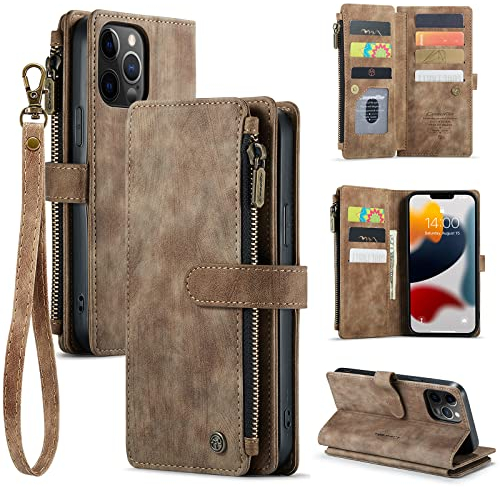QLTYPRI Handyhülle für iPhone 13, Reißverschluss Hülle PU Leder Klapphülle Kartenfach Geldbörse mit Trageband für iPhone 13 - Braun