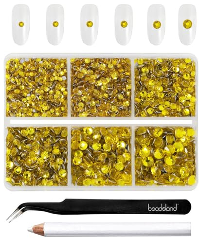 Beadsland 4300 Stück Gelb Strasssteine mit flacher Rückseite, Nagelsteine, runde Kristall-Strasssteine zum Basteln, gemischt in 6 Größen, mit Picking-Pinzette und Wachsstift-Set, SS6–SS20,Zitronengelb