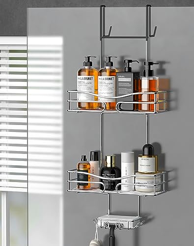 Cooeco Porta Shampoo Doccia da Appendere - Mensola Doccia da Appendere antiruggine, Portaoggetti Doccia con supporto per il sapone e 6 ganci per il bagno, per porta bagno in vetro(5.4CM Larghezza)