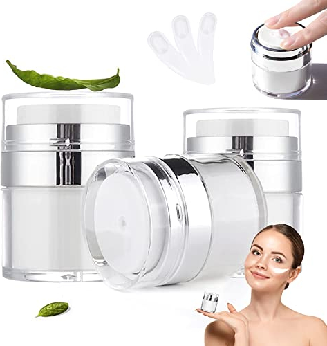 3 Pcs Cream Jar Vacuum Bottle, Airless Moisturiser Pump Container with Face Cream Spoons Empty Refillable Lotion Dispenser Portable Cosmetic Sample Container Pot for Travel & Home Use(15ml+30ml+50ml)