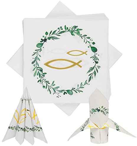LAMEK 40 Stück Servietten Taufe Papierservietten Taufdeko Kommunion Tischdekoration Konfirmation Tischdeko Partyzubehör Deko mit Goldener Fisch grün Kranz für Jungen Mädchen 33x33cm