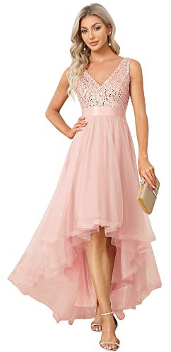 Ever-Pretty Robe Demoiselle d'honneur Femme Longue Paillettes Tulle Col V Asymétrique A Line Brillante Rose Clair 42