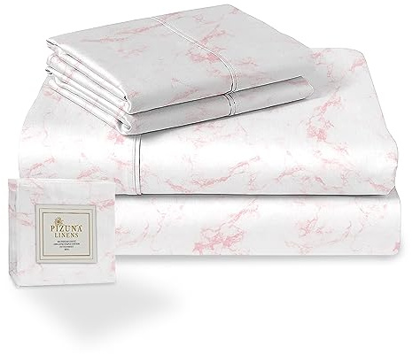 Pizuna Cotton Pink Printed King Size Bed Sheet Set 400 Thread Count | Carrara Marble 100% Long Staple Cotton Bedding Sateen Sheets Includes 1 Fitted Sheet 2 Pillowcase