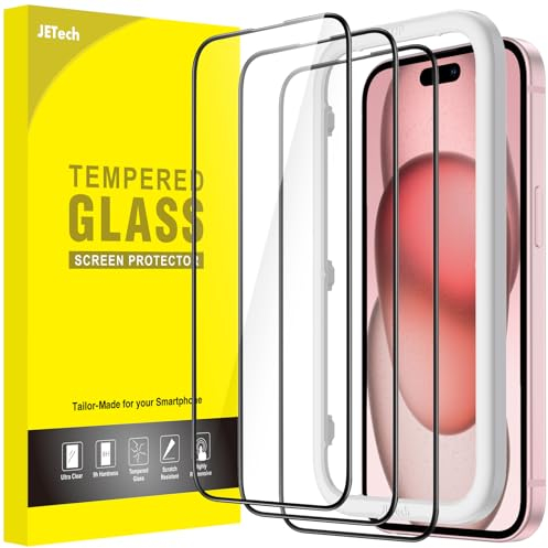 JETech Protector de Pantalla Cobertura Completo para iPhone 15 6,1 Pulgadas, Borde Negro Cristal Vidrio Templado, con Marco de Instalación Fácil, HD Transparente, 3 Unidades