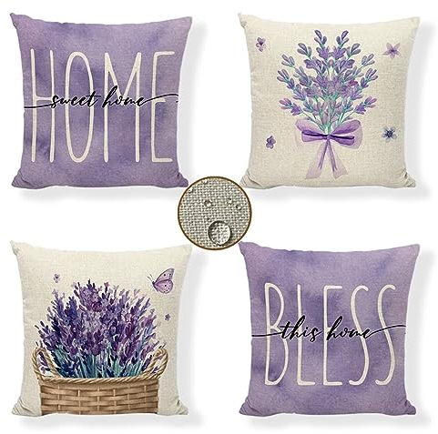 Kissenbezüge 45x45 cm 4er Set Lavendel Outdoor Kissen Lila Sofakissen Dekokissen Kopfkissen Wasserfest Linen Zierkissen Quadratische Kissenhülle für Gartenmöbel Sofa Bett Auto Terrasse Schlafzimmer