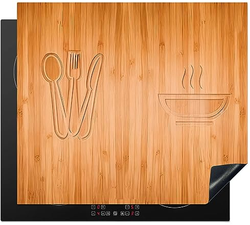 KitchenYeah© Protezione Piano Cottura Tappetino per Induzione 60x52 cm Cucina Proteggi Coprifornello Antiscivolo Motivo - Legno - Posate - Zuppa