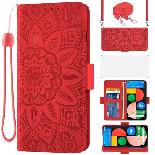Asuwish Handyhülle für Google Pixel 4a 5G Hülle mit Band und Glas Folie Schutzfolie Kartenfach Klappbar Leder Geldbörse Ständer 4a5G Handy Hüllen Blumen Schutzhülle Panzerfolie Cover Phone Case Rot